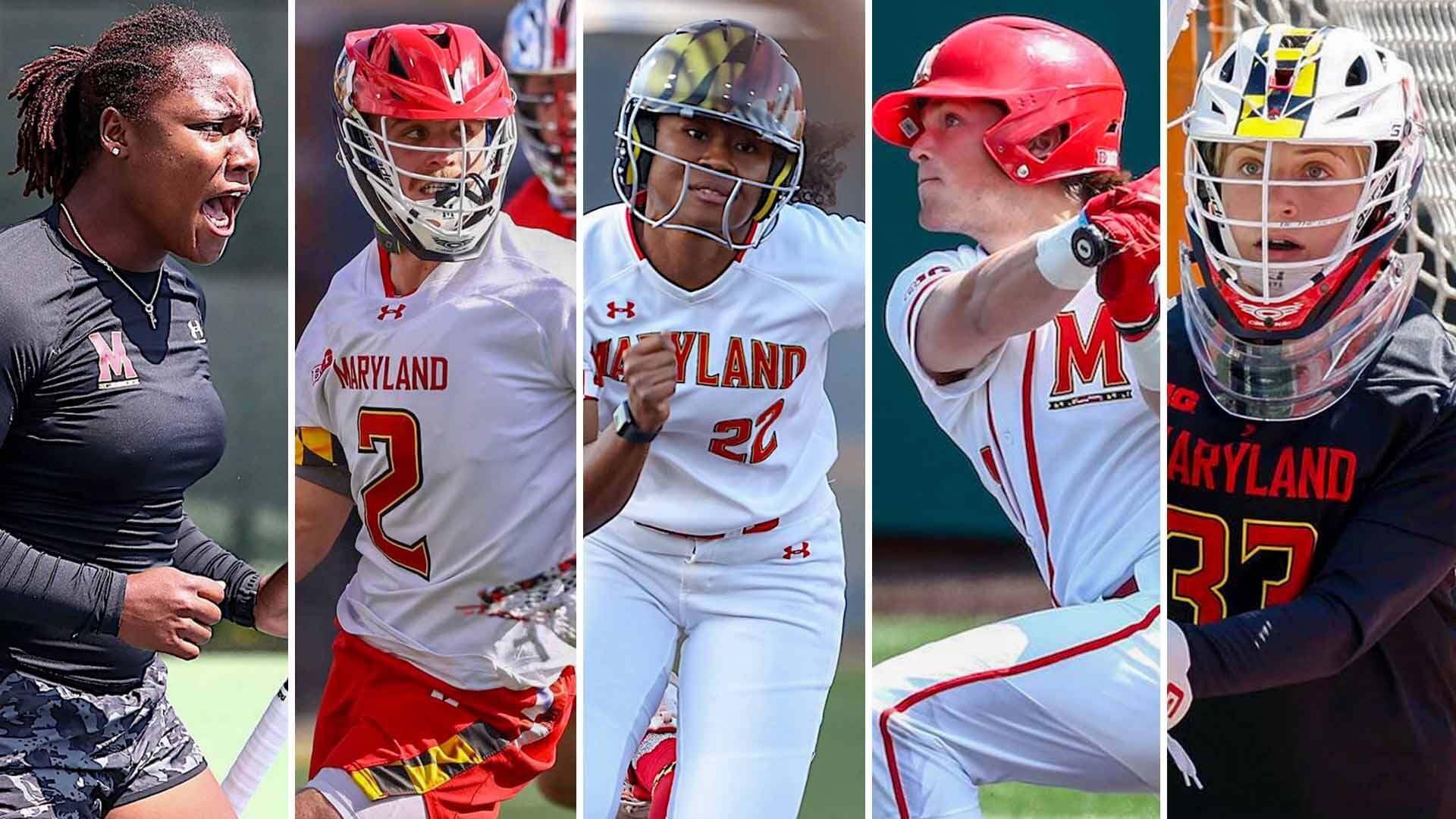 Collage of UMD tennis player, men's lacrosse player, softball player, baseball player and women's lacrosse player