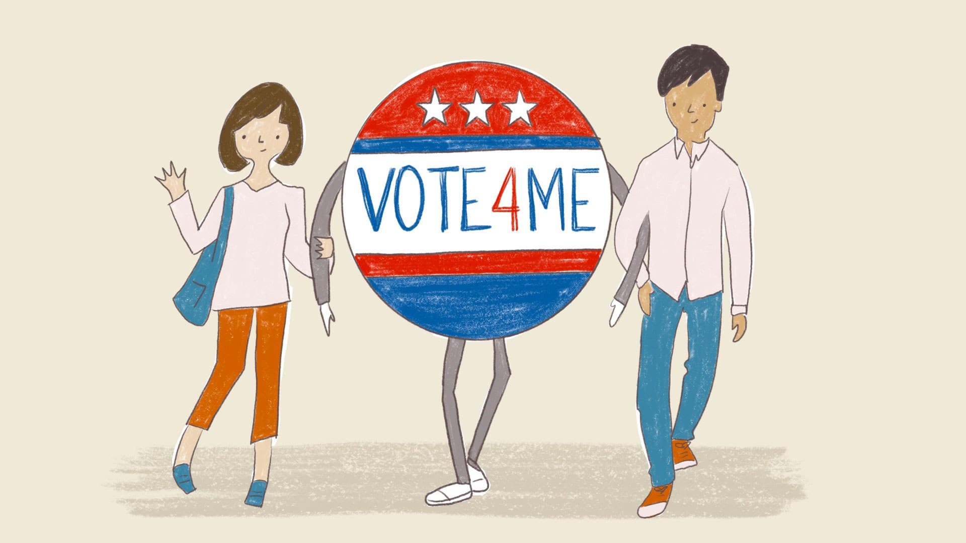 Two people link arms with "VOTE 4 ME" button