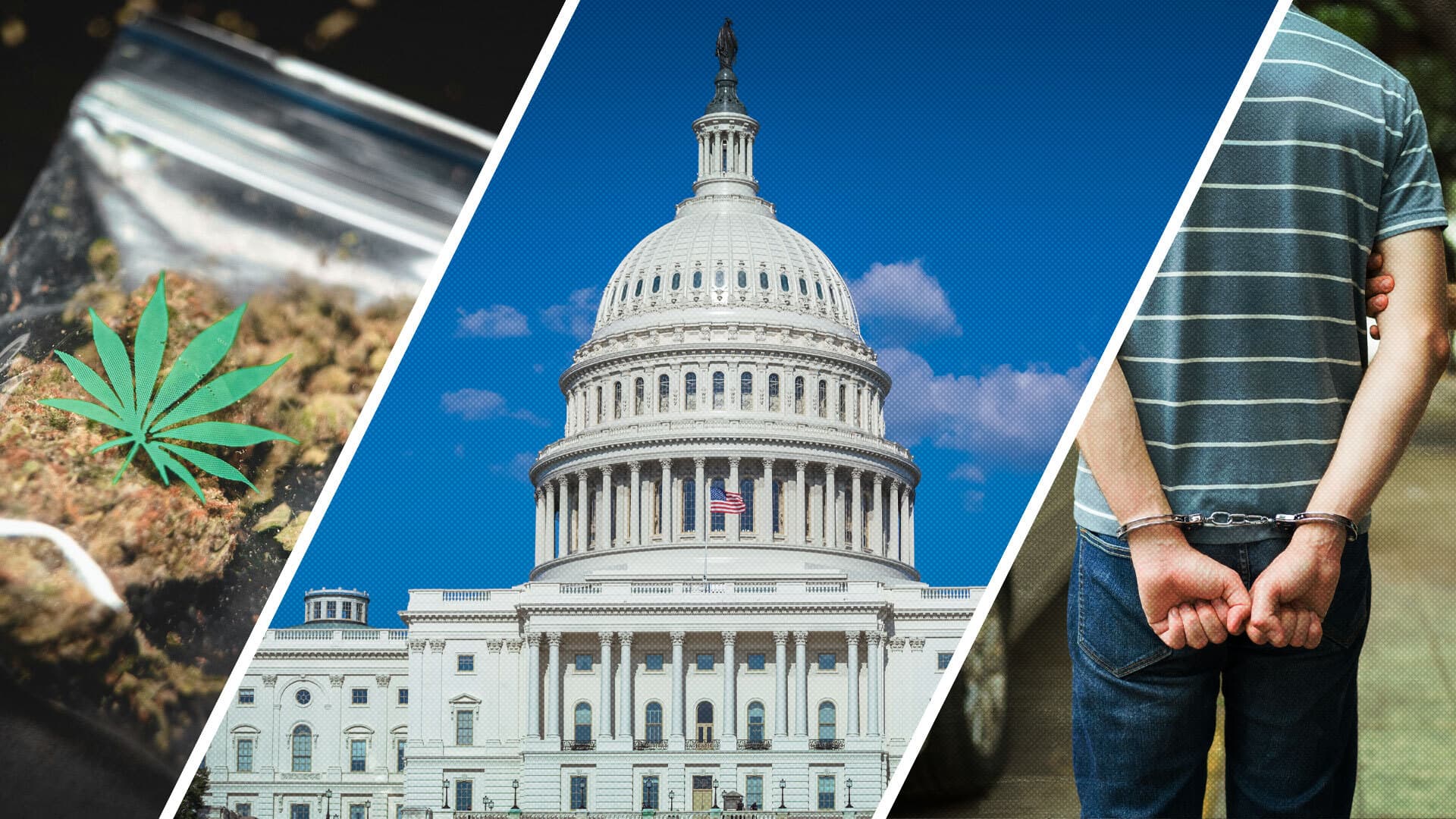 collage of marijuana, capitol building, guy in handcuffs