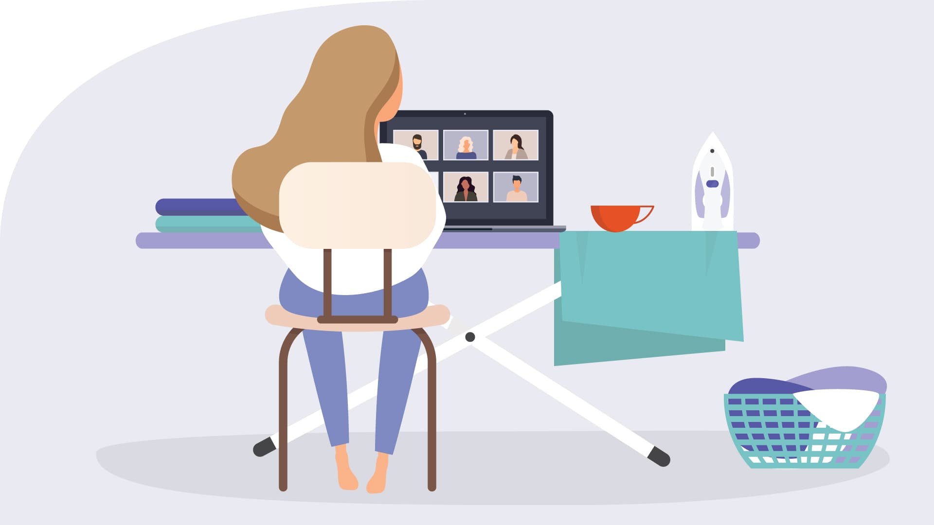 Illustration of woman in a Zoom meeting with ironing board in background