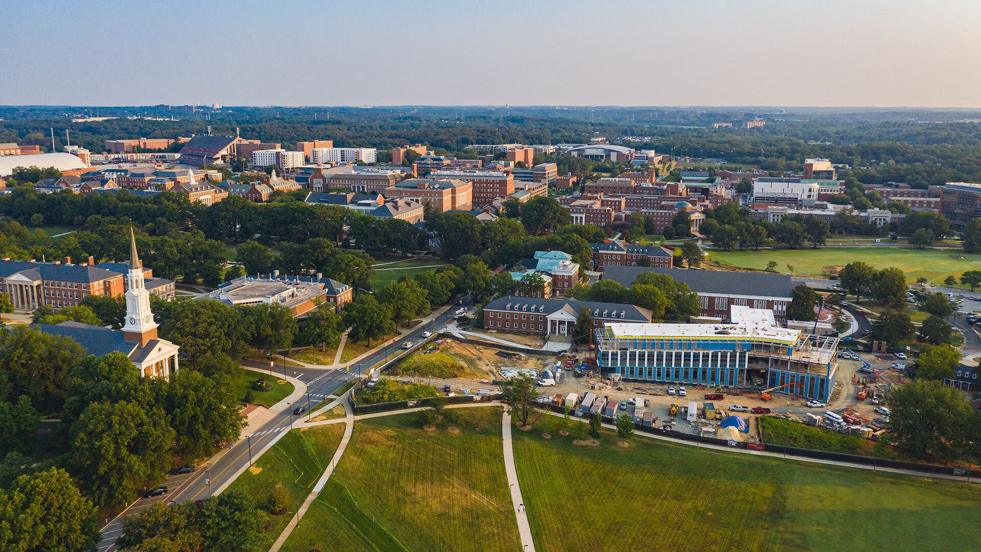 Campus aerial showing School of Public Policy building construction