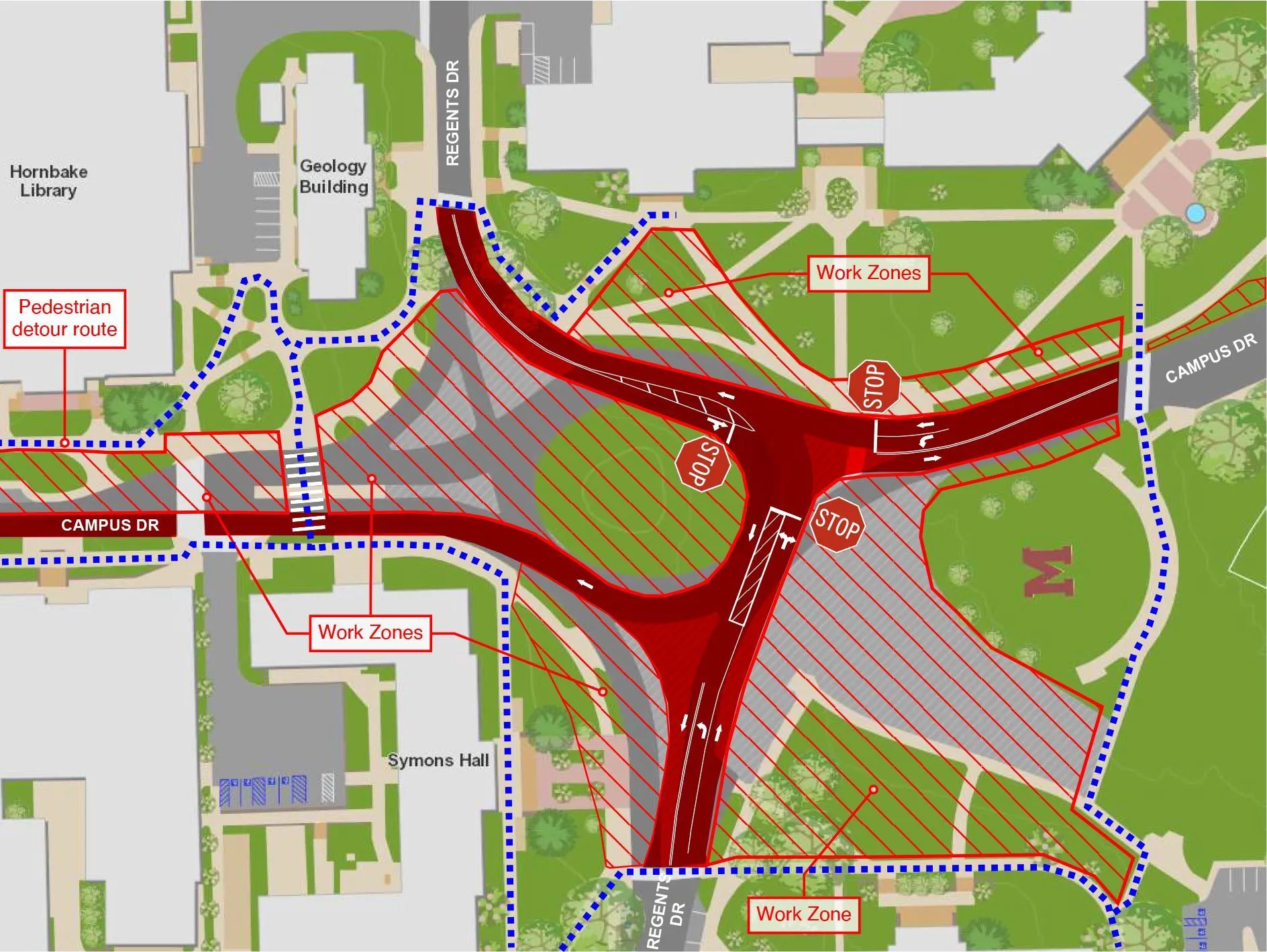 map showing pedestrian detour near the intersection of Regents and Campus Drives