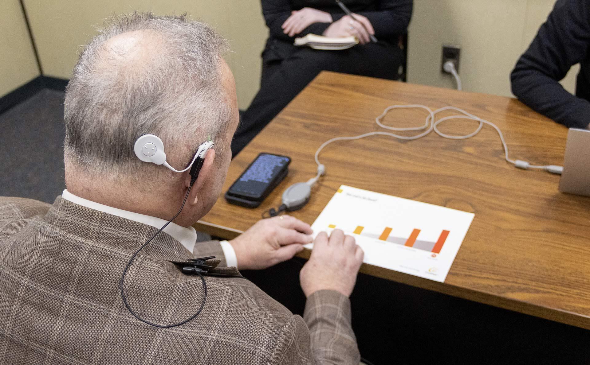 view of cochlear implant on man's ear