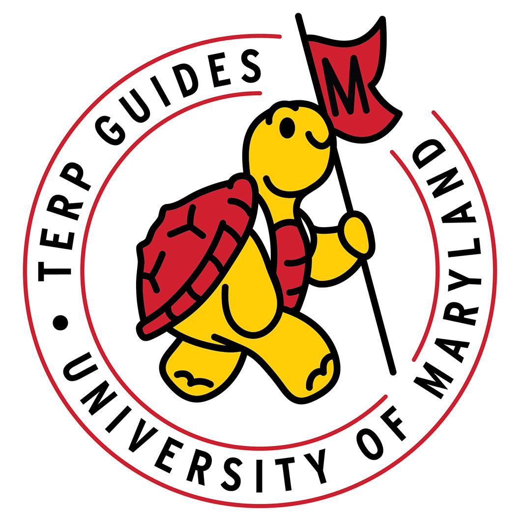 Terp Guides logo that says University of Maryland with a cartoon Testudo holding an "M" flag