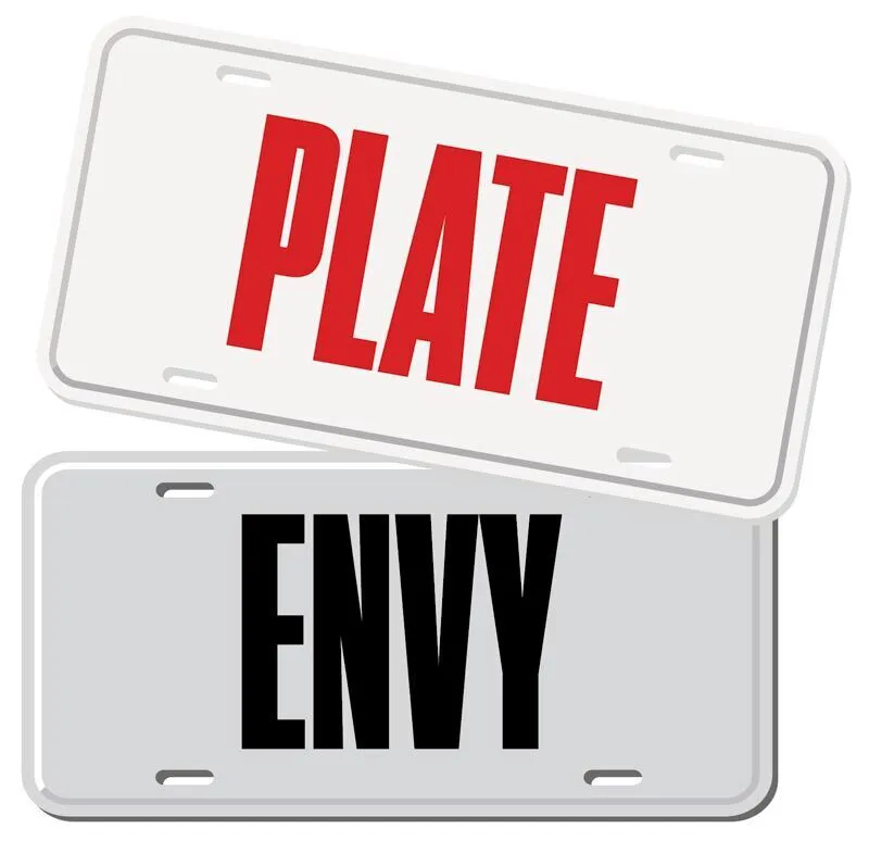 two license plates that read, "PLATE" "ENVY"