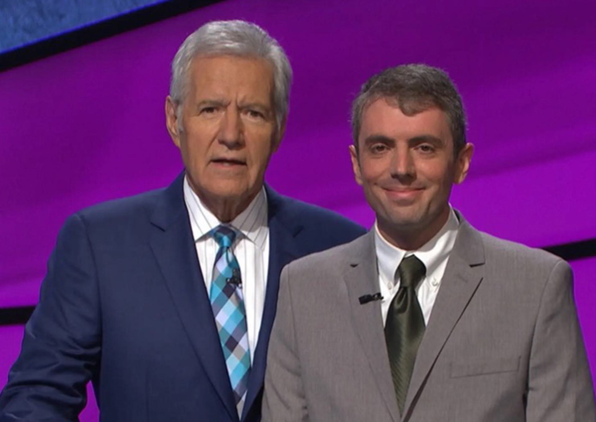 Alex Trebek and Jordan Boyd-Graber on "Jeopardy!" set