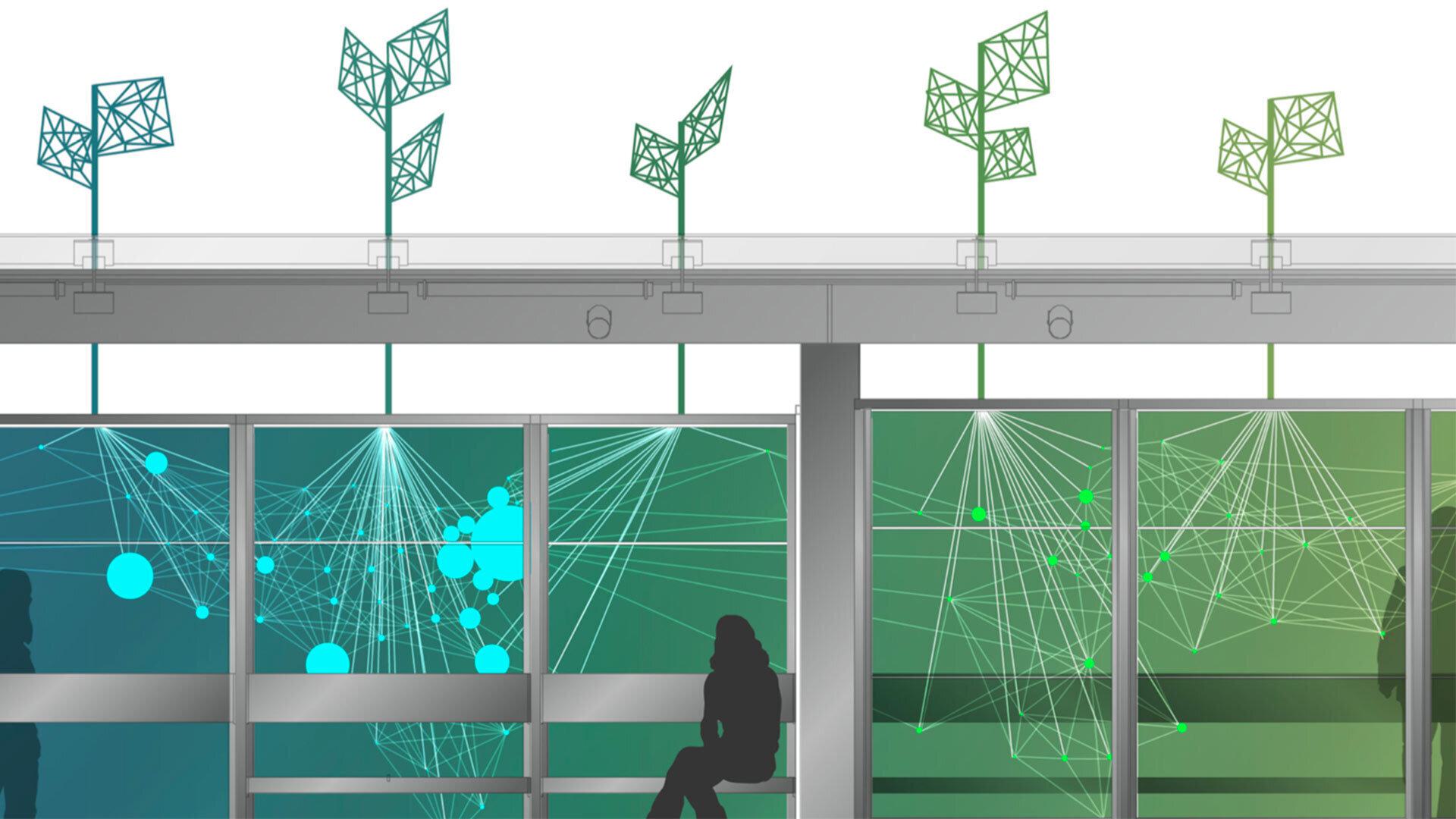 rendering of train station with plant sculptures