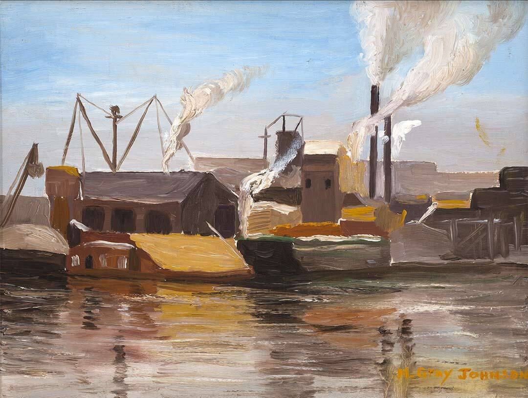 “Along the Harlem River,” Malvin Gray Johnson, oil on canvas board, 1925.