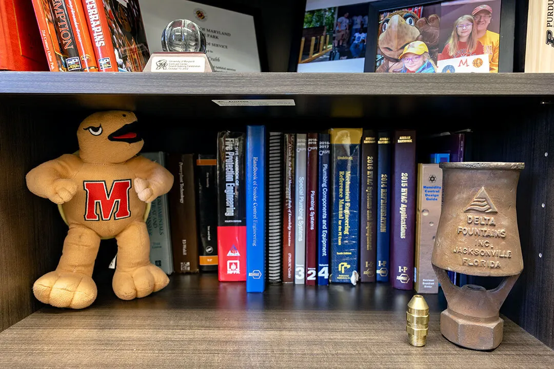 Bookshelf with Testudo, books, old valve
