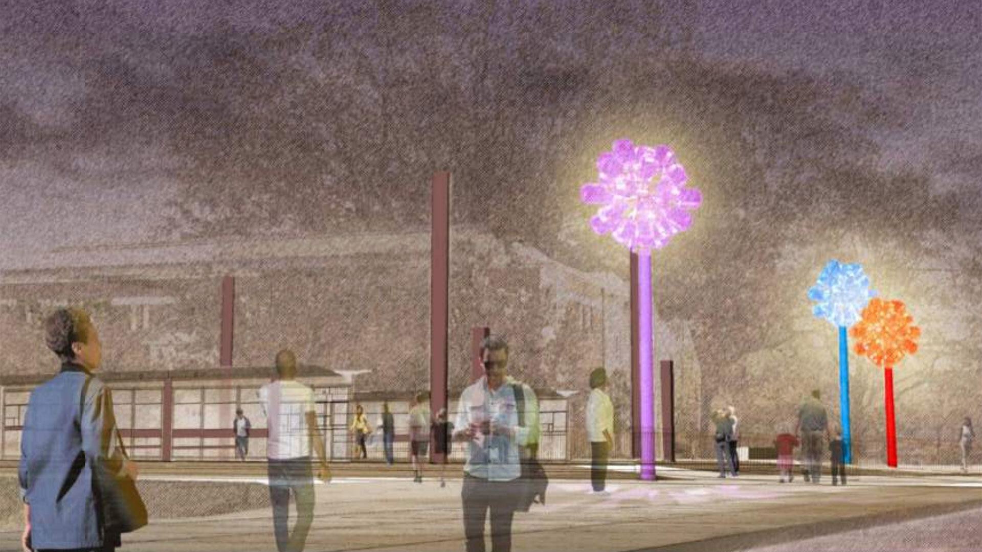 train station with three kaleidoscopic pylons