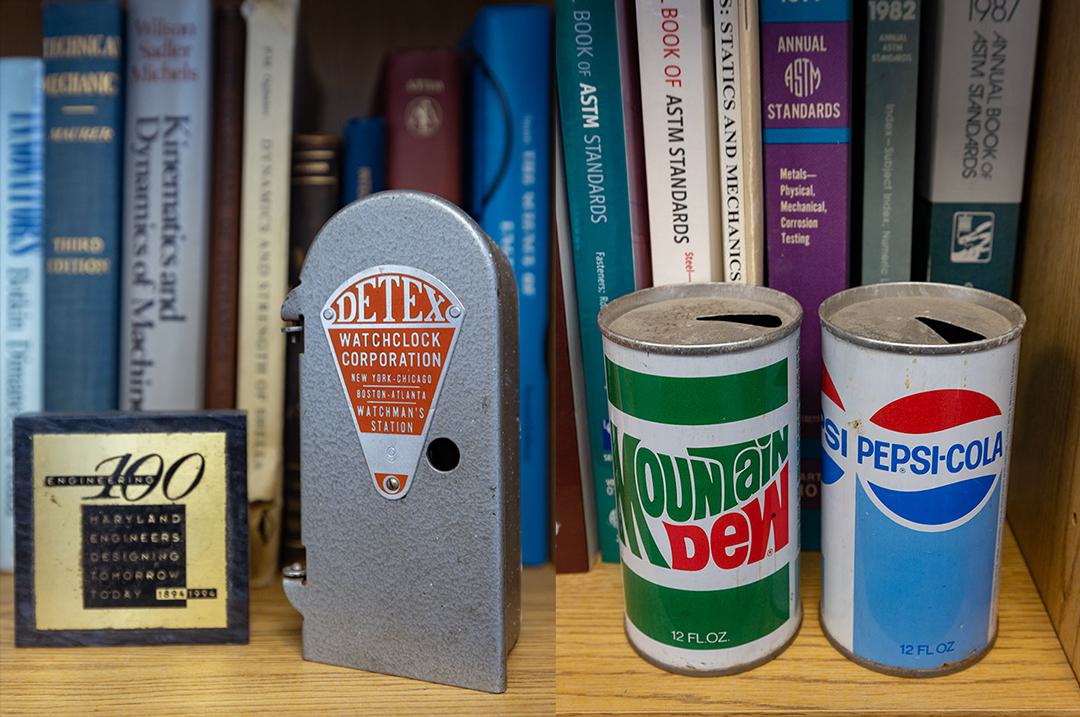 gray watchman's box; vintage mountain dew and pepsi cans