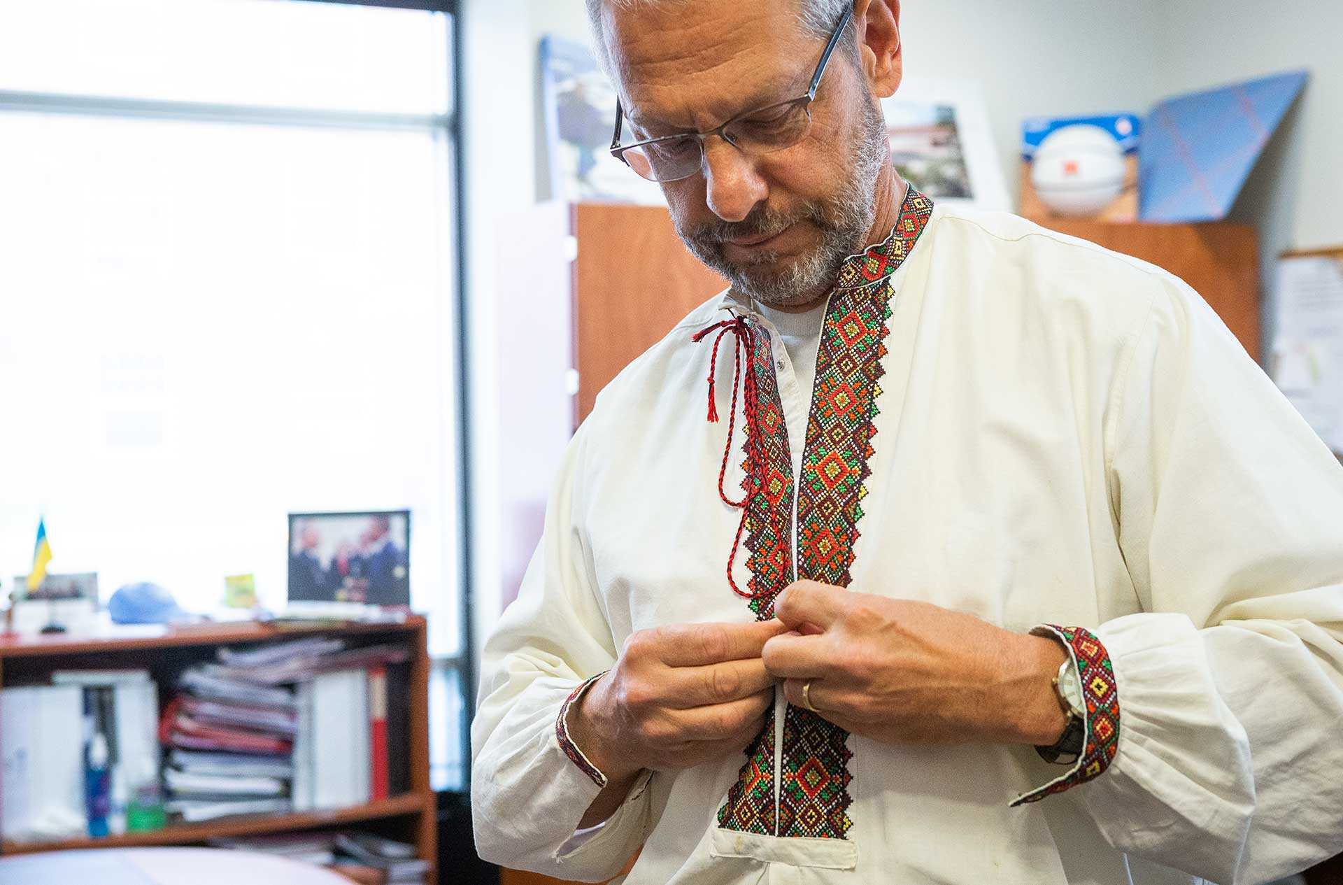 Boris Lushniak wearing traditional Ukrainian shirt