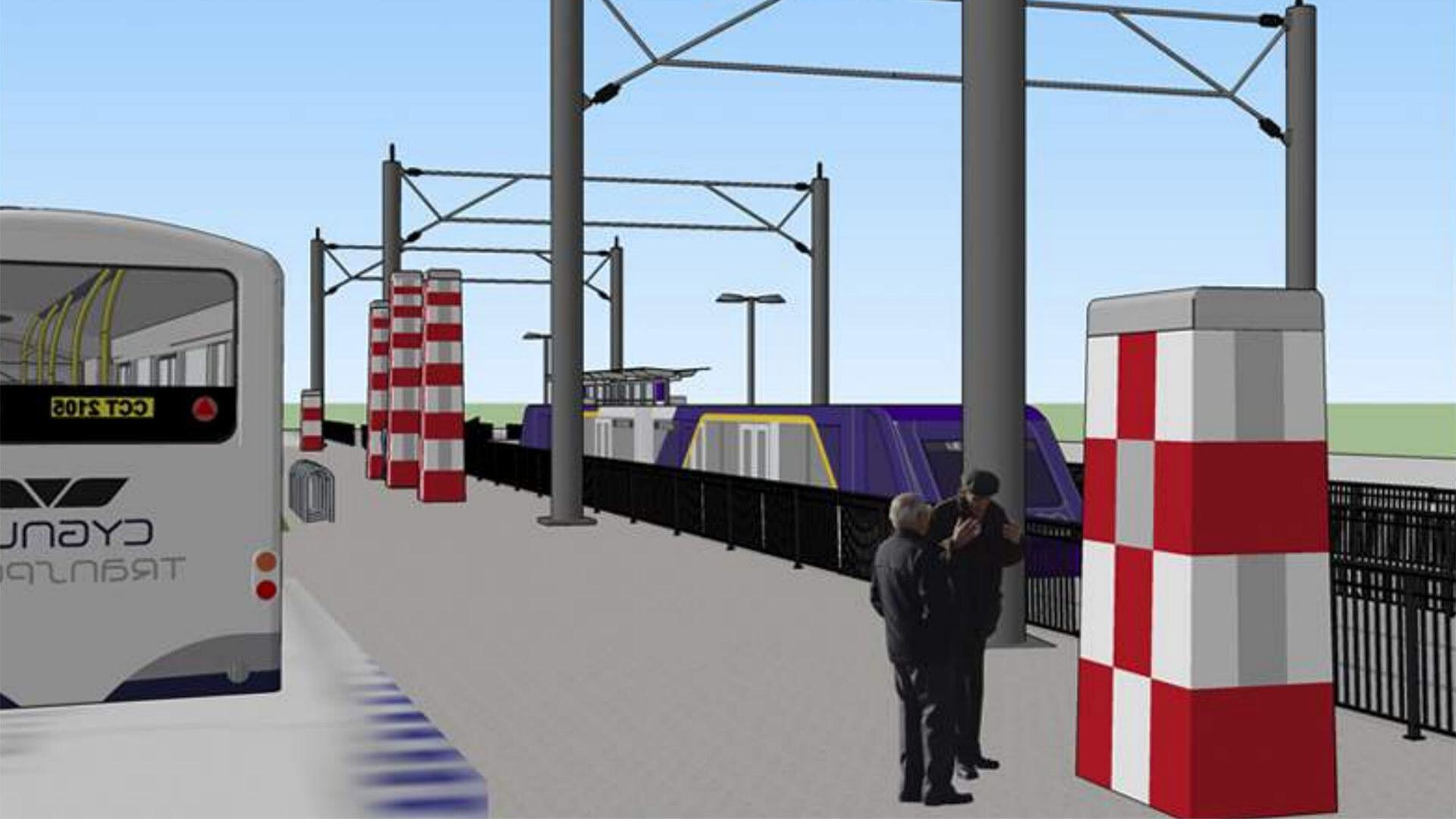 train station with pylons in red-and-white checks