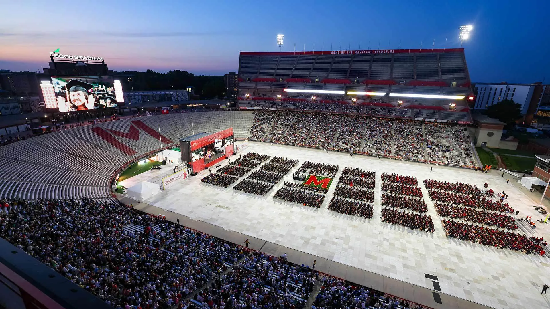 Wide shot of SECU stadium during Commencement