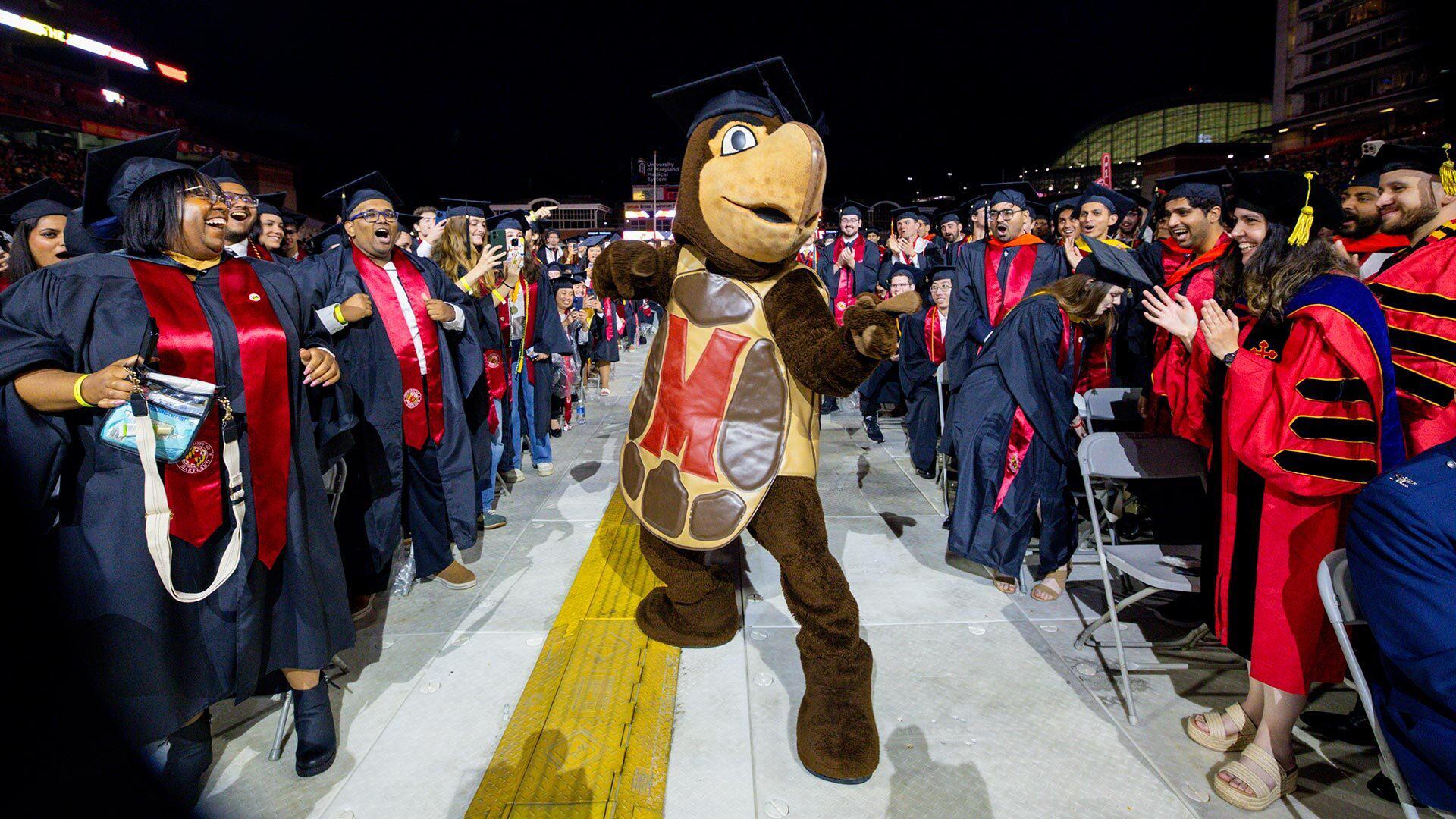 Testudo dances up the aisle wearing regalia