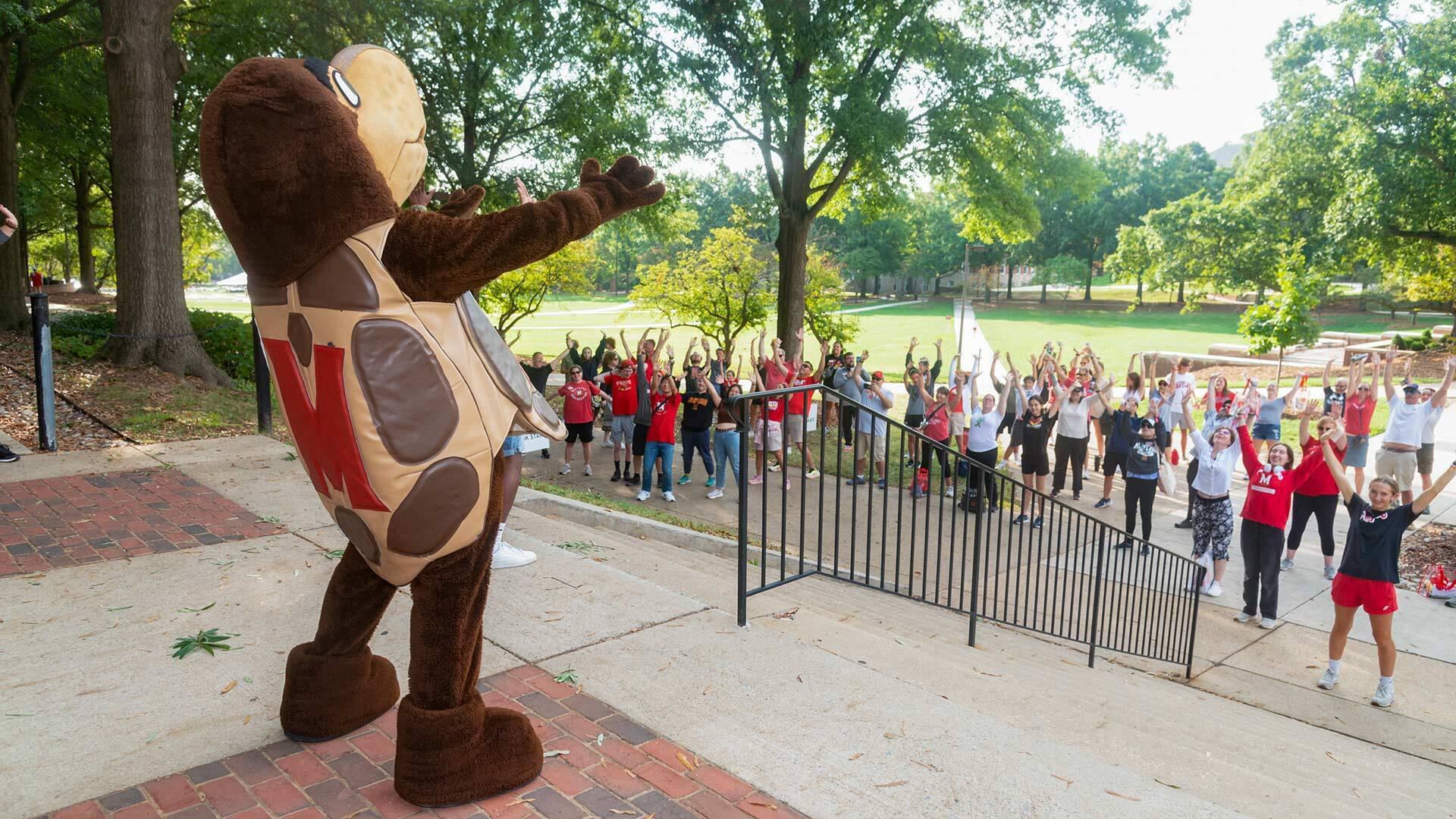 a costumed turtle mascot stands at the top of a staircase outdoors leading people in stretching exercises
