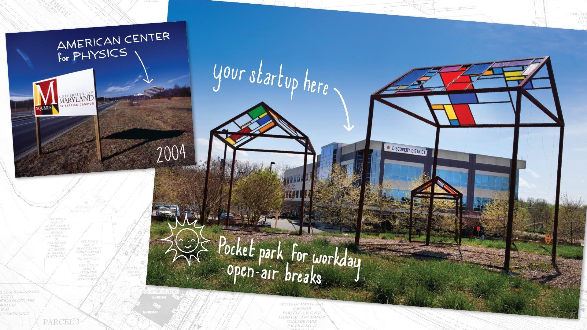 Archival photo of M Square showing American Center for Physics, and a contemporary photo of the Discovery District: Your startup here, pocket park for workday open-air breaks