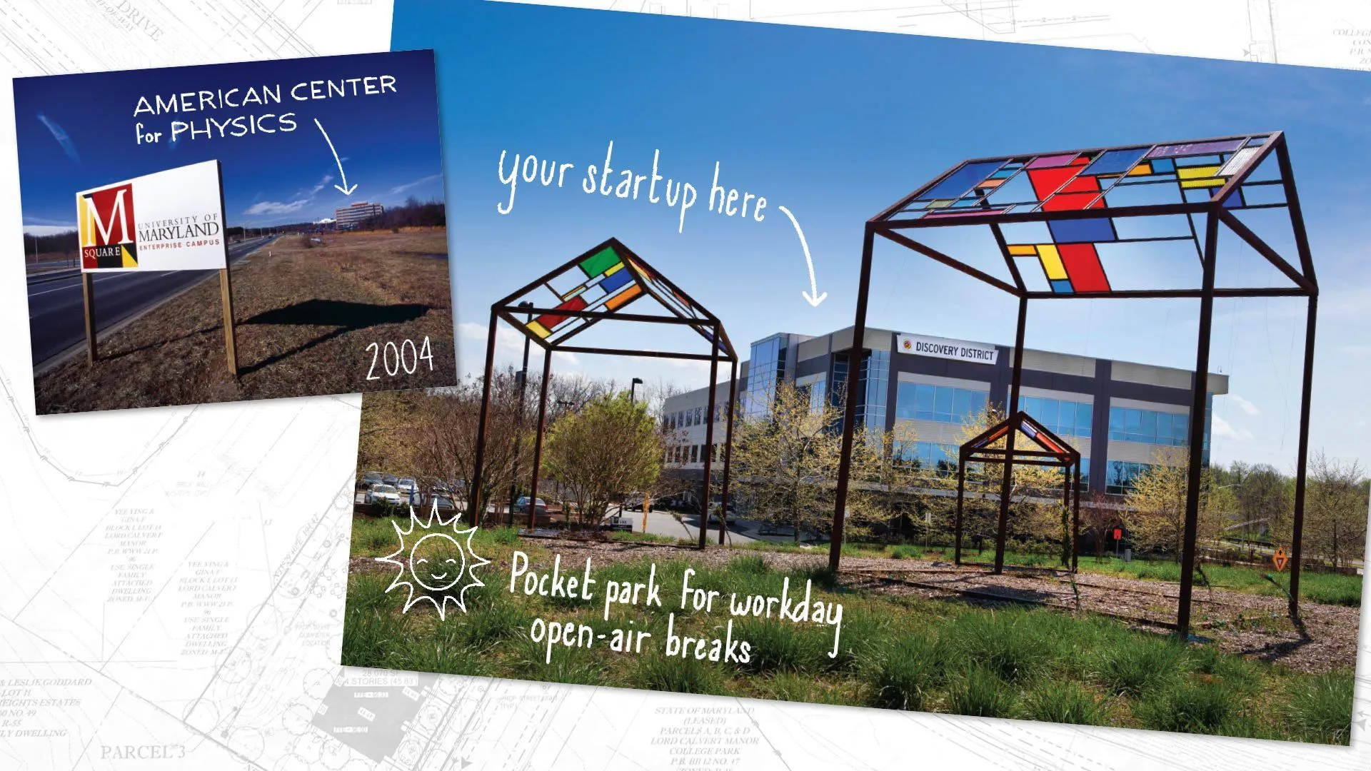 Archival photo of M Square showing American Center for Physics, and a contemporary photo of the Discovery District: Your startup here, pocket park for workday open-air breaks