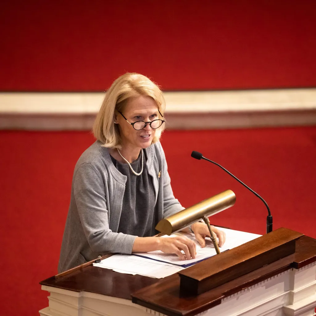 Jennifer King Rice speaks at podium