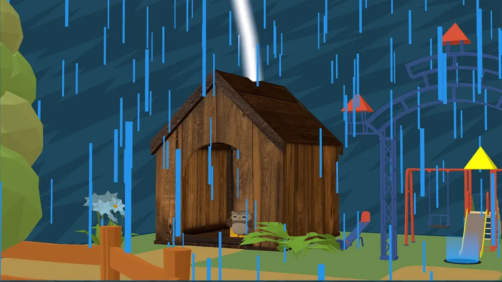 video game setting with rain falling and lightning striking a small wooden house with owl inside