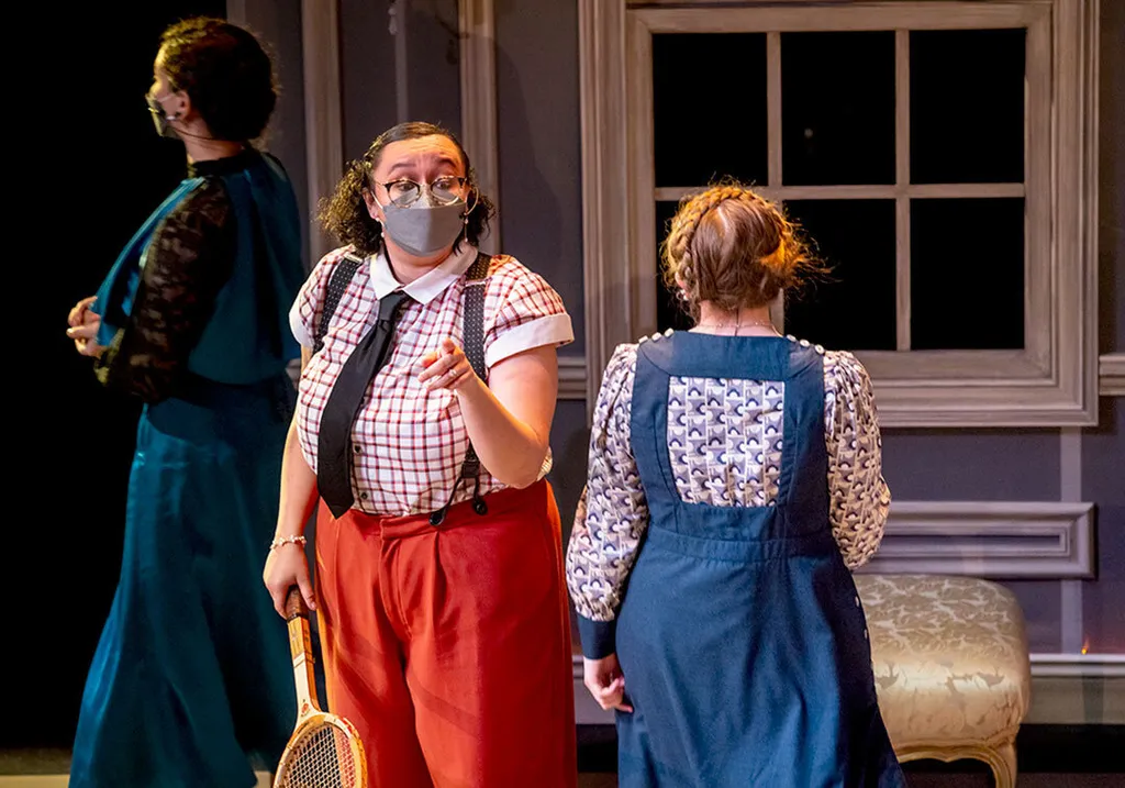 Two cast members of "Fefu and Her Friends" perform on stage
