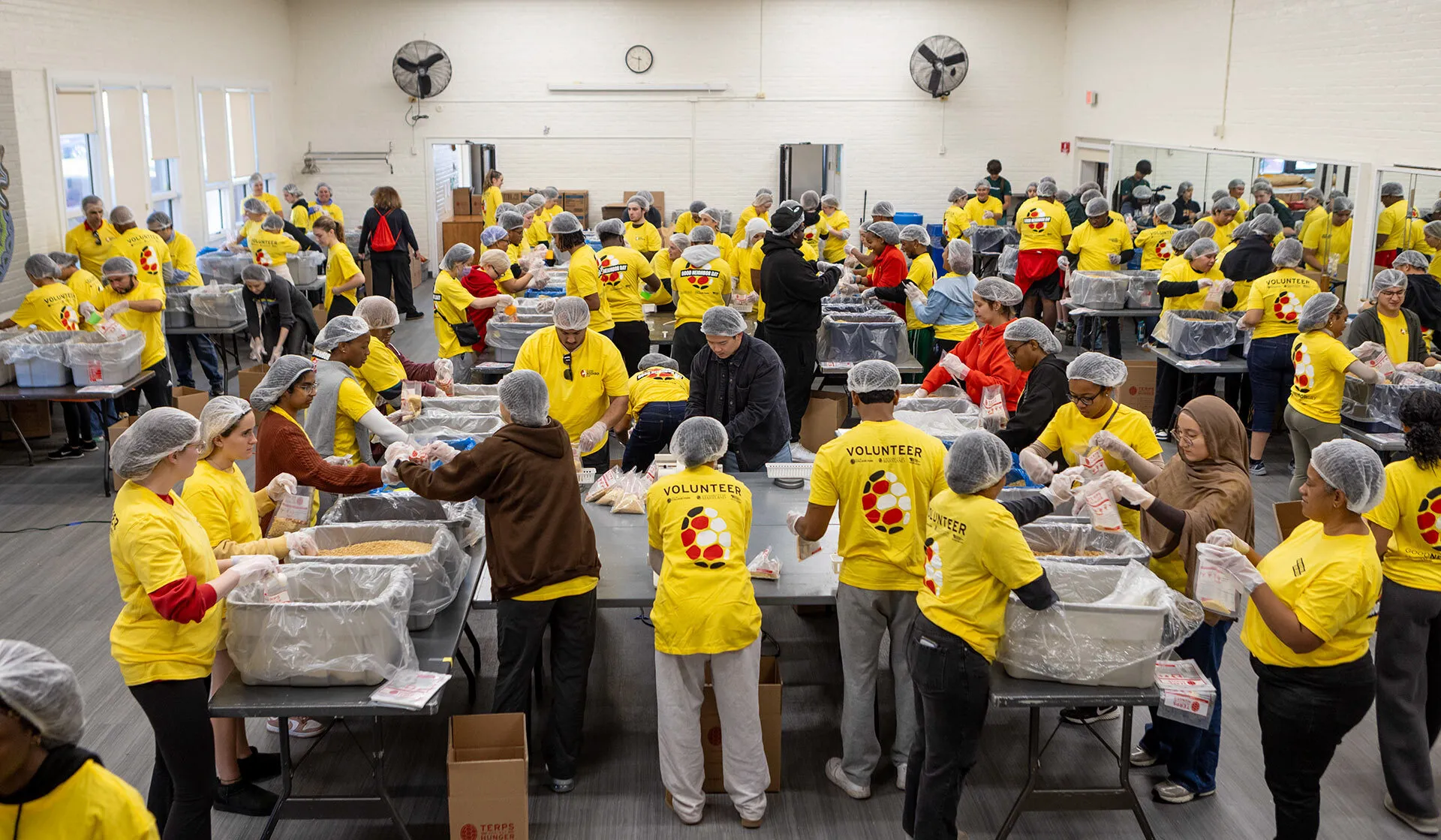 volunteers wearing yellow T-shirts and hairnets pack food