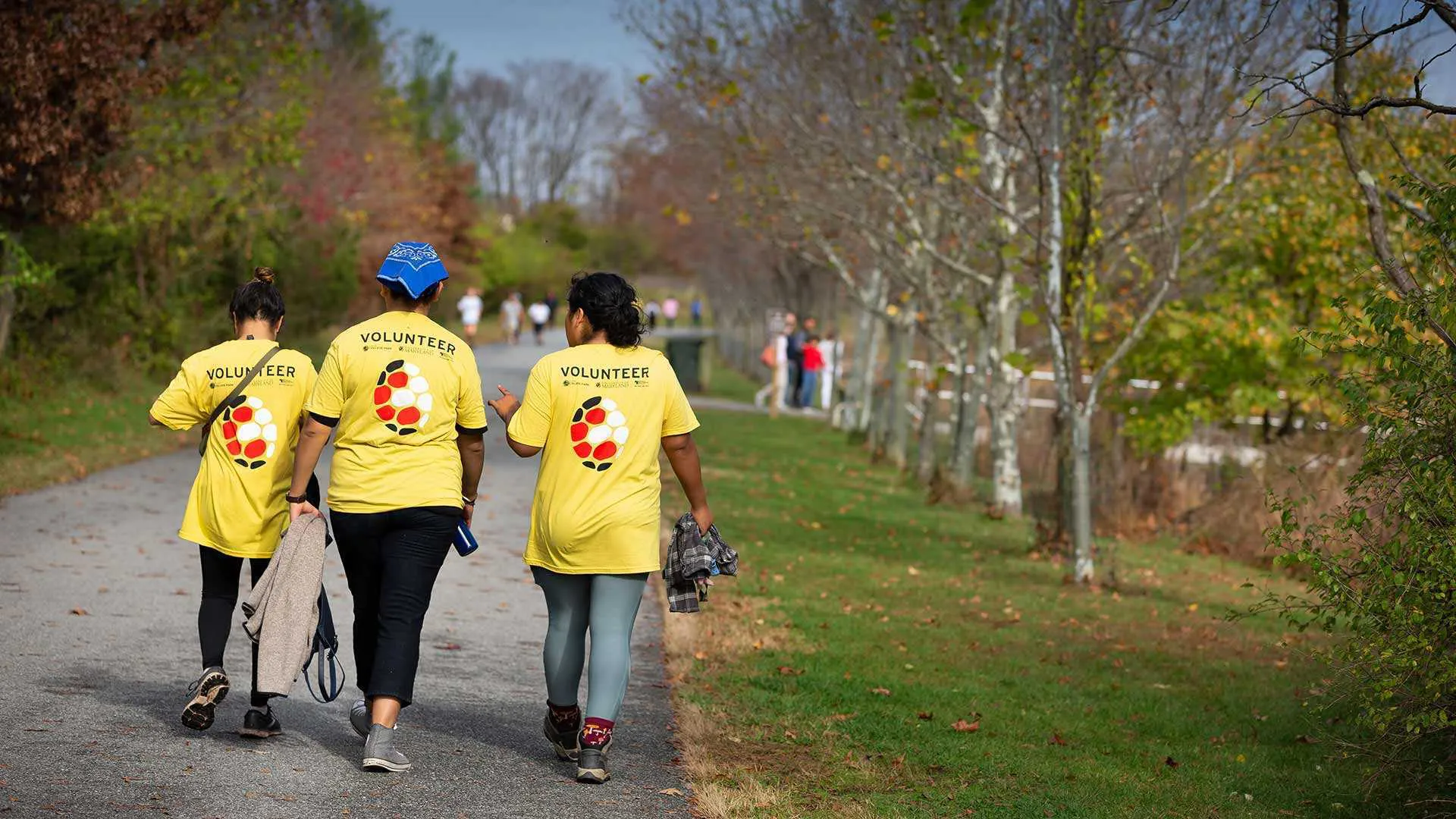 three people walk away from camera on trail near Lake Artemesia