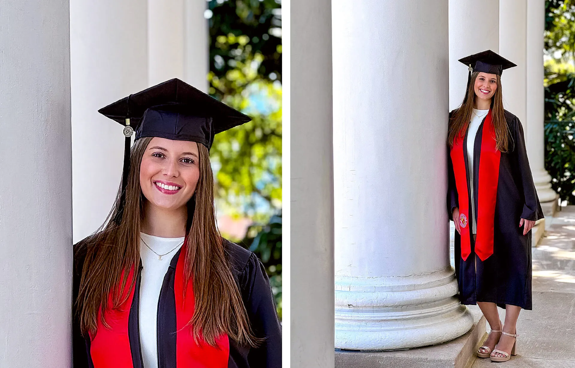 Two photos of student in graduation cap and gown leaning on white columns