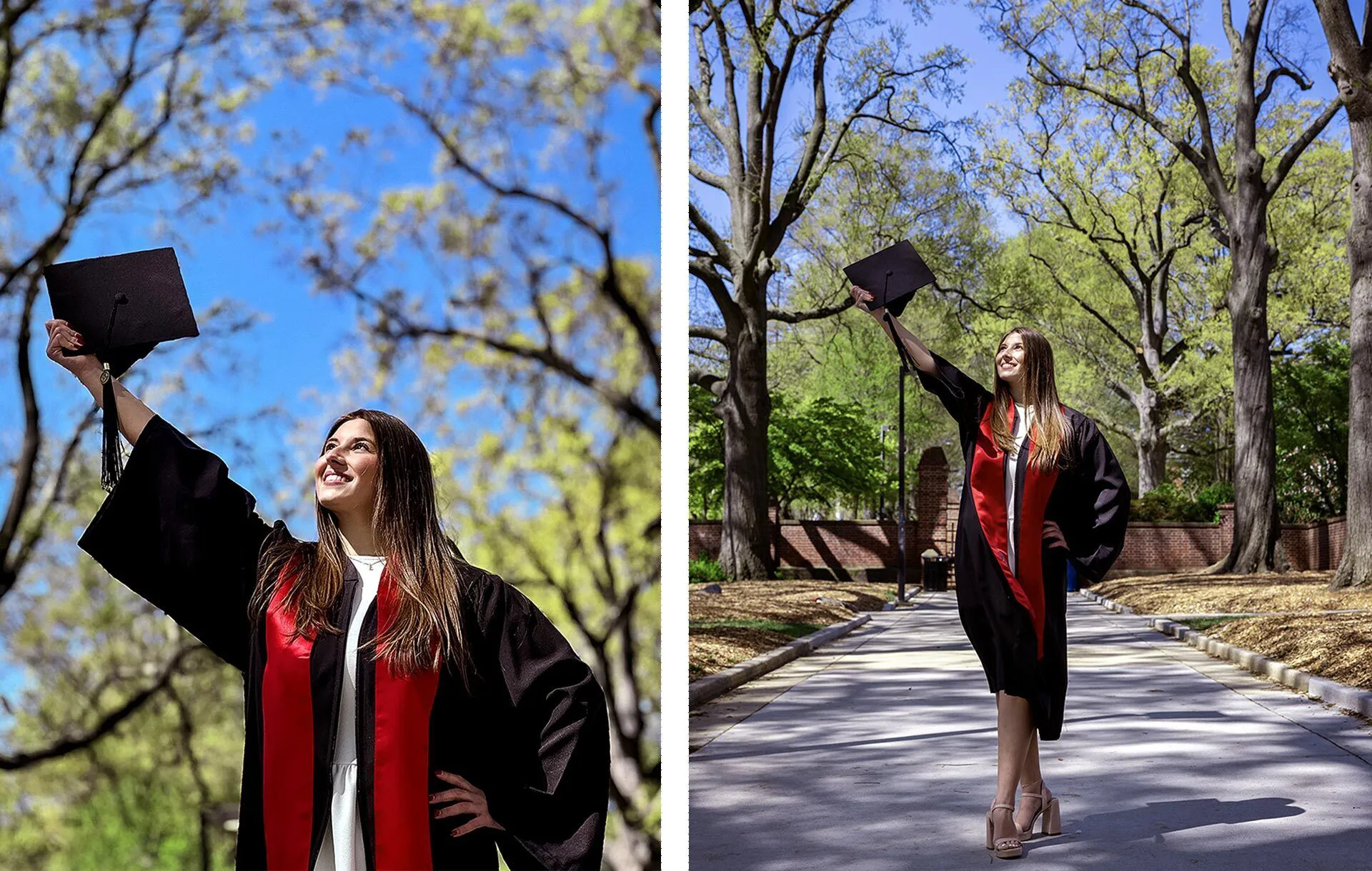 Two photos of a graduate in a graduation gown holding her cap up to the sky and looking toward the light