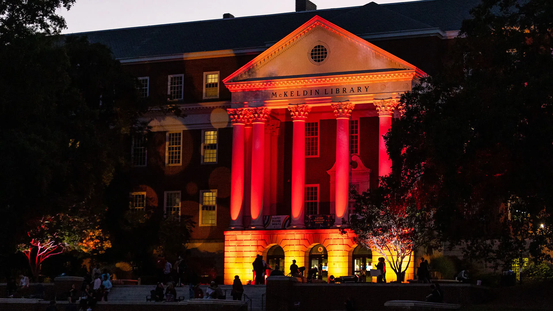 McKeldin library is aglow with Maryland colored lighting