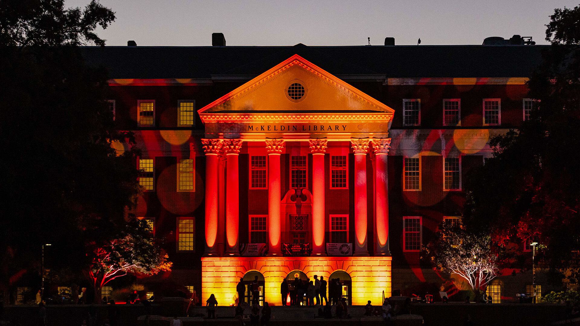 McKeldin Library lit up in red lights