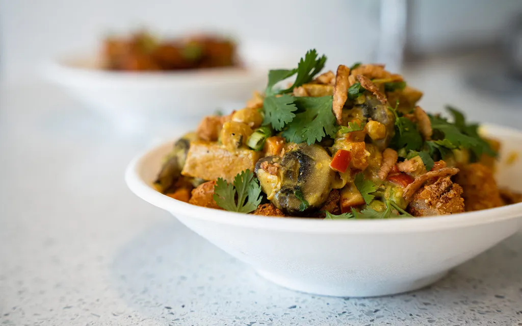 Tater tots covered in vegetable curry