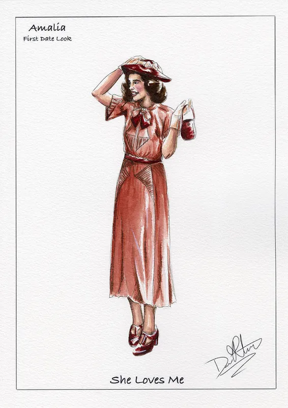 Sketch of Amalia wearing a red dress