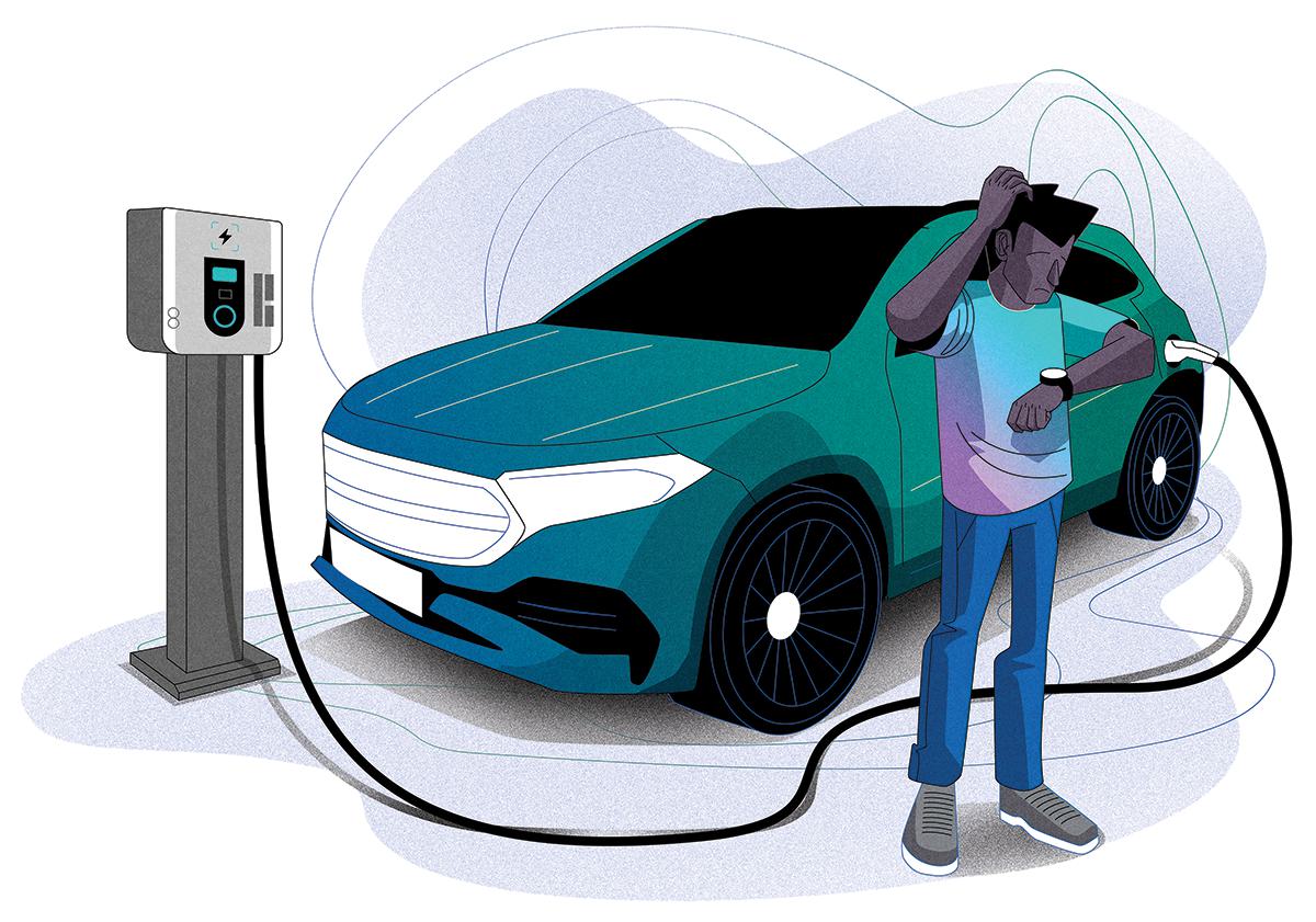 man looks at watch while charging EV