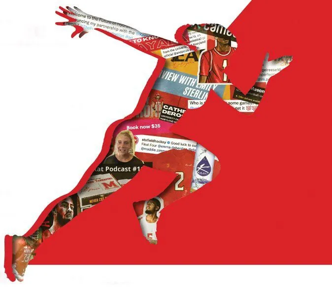 Silhouette of a runner with collage of student-athlete products/ads