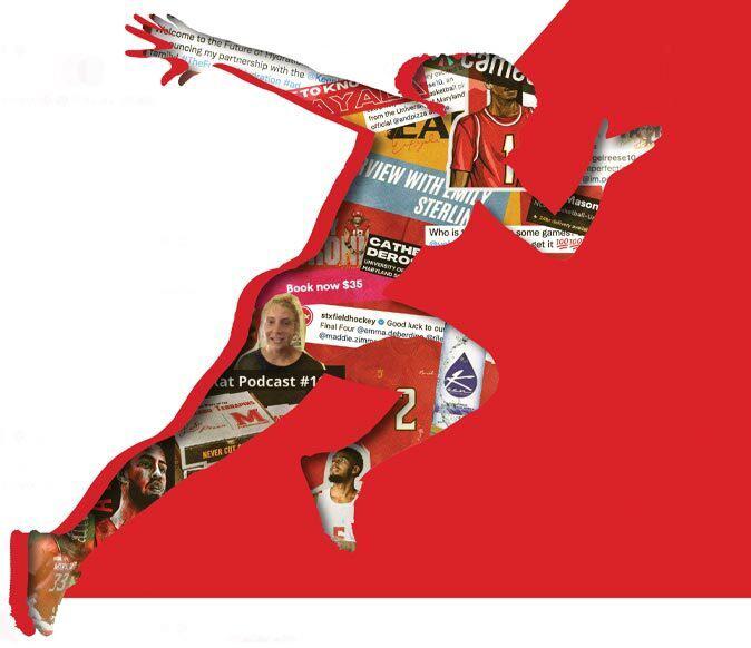 Silhouette of a runner with collage of student-athlete products/ads