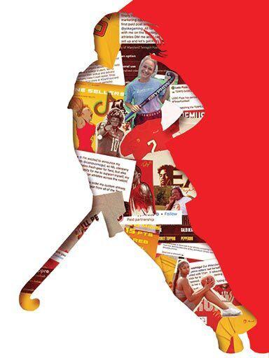 Silhouette of field hockey player with collage of student-athlete products/ads