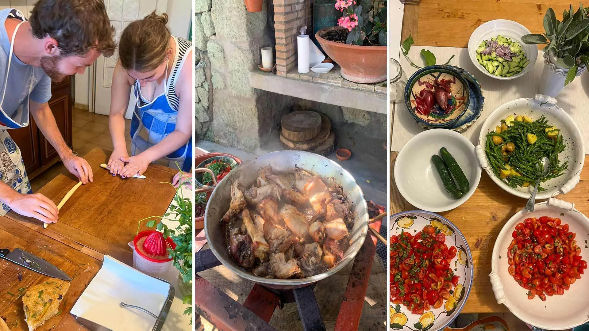 three photos of students rolling pasta, rabbit stew and vegetables