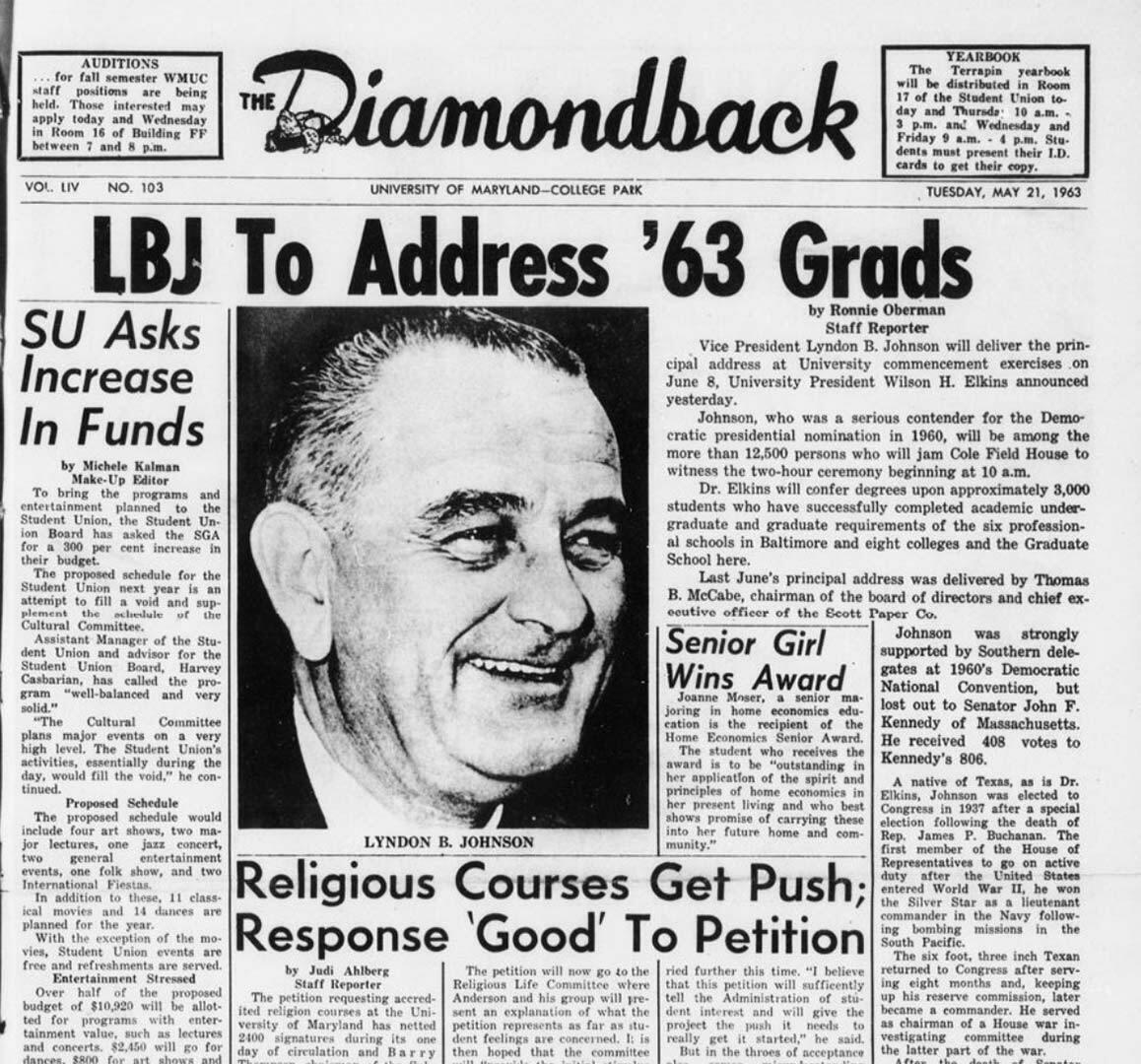 Diamondback article: LBJ to Address '63 Grads