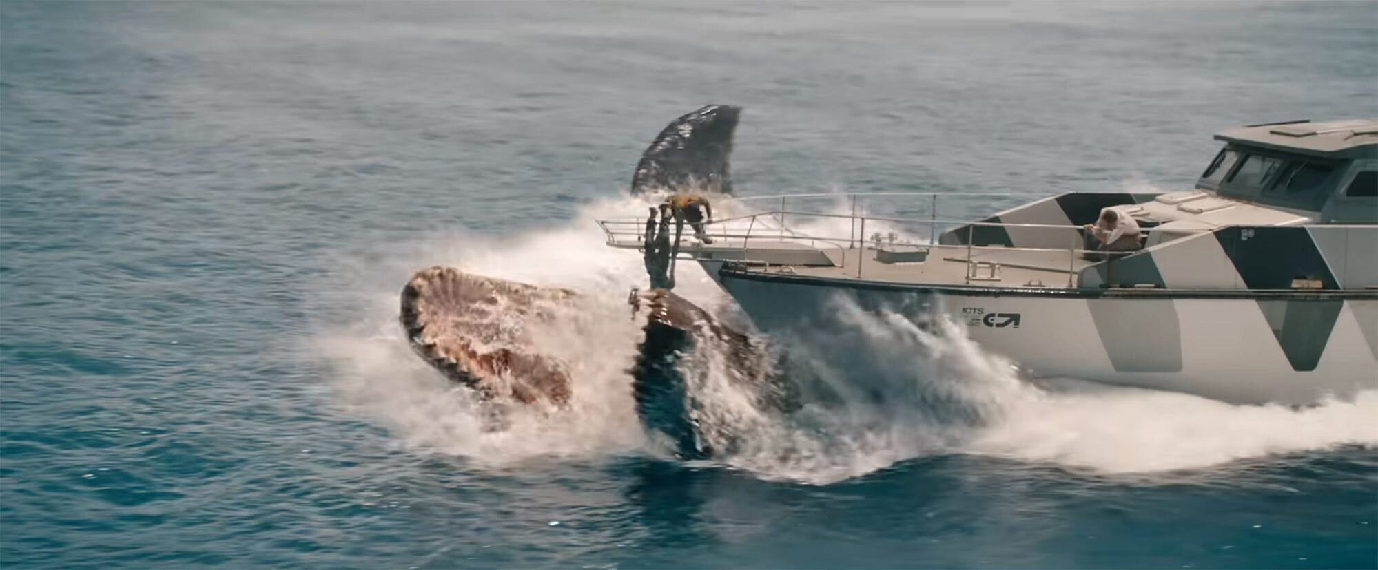 A aquatic mosasaur with its jaw out of the water, trying to take a person off a boat