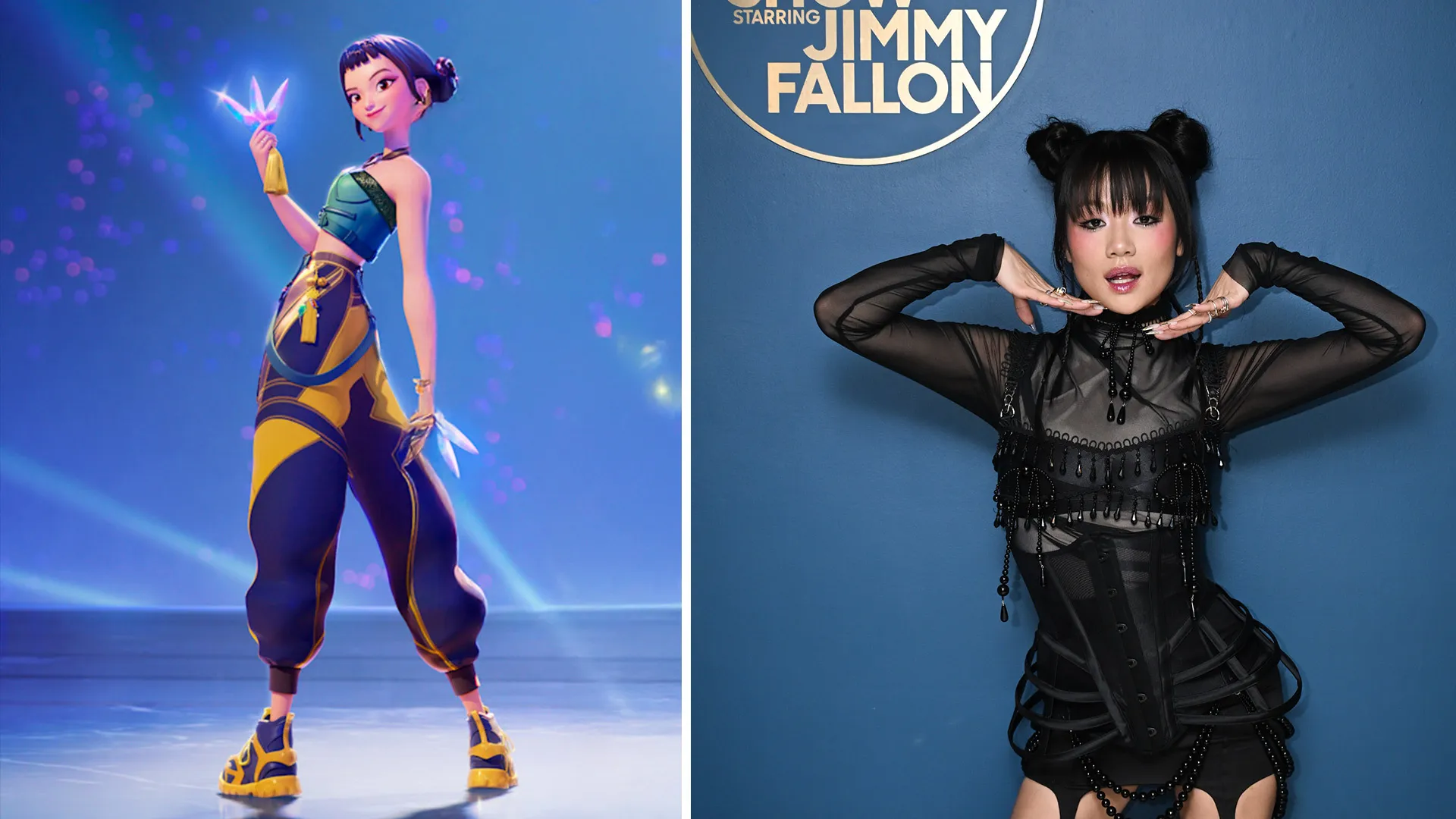 Split screen of Zoey from "KPop Demon Hunters" and Rei Ami, a.k.a. Sarah Lee