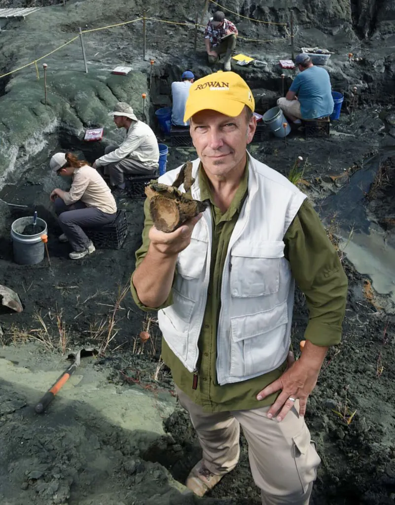 Kenneth Lacovara holds fossil as people dig behind him