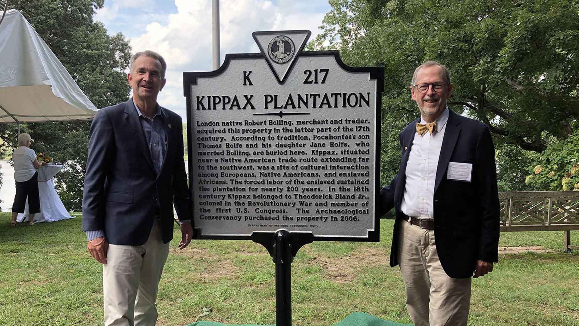 Gov. Ralph Northam and Professor Donald Linebaugh with Kippax Plantation historic marker