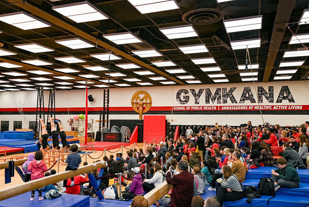 gymnasts perform for a crowd in a gym