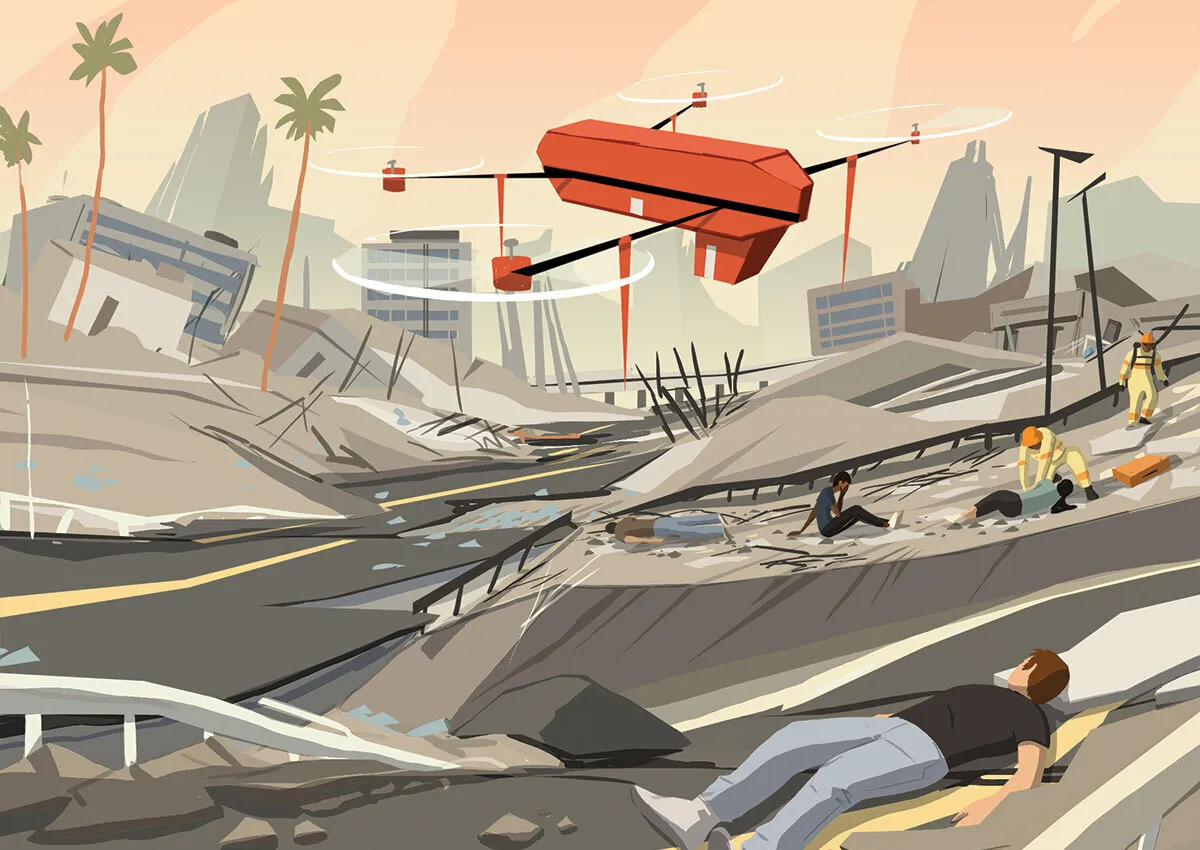 drone hovers above injured person in destroyed city