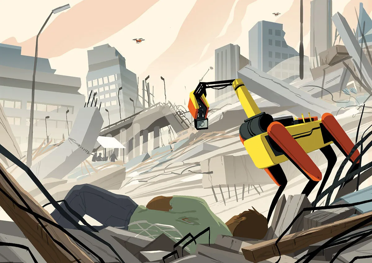 robot dog helps injured person in destroyed city