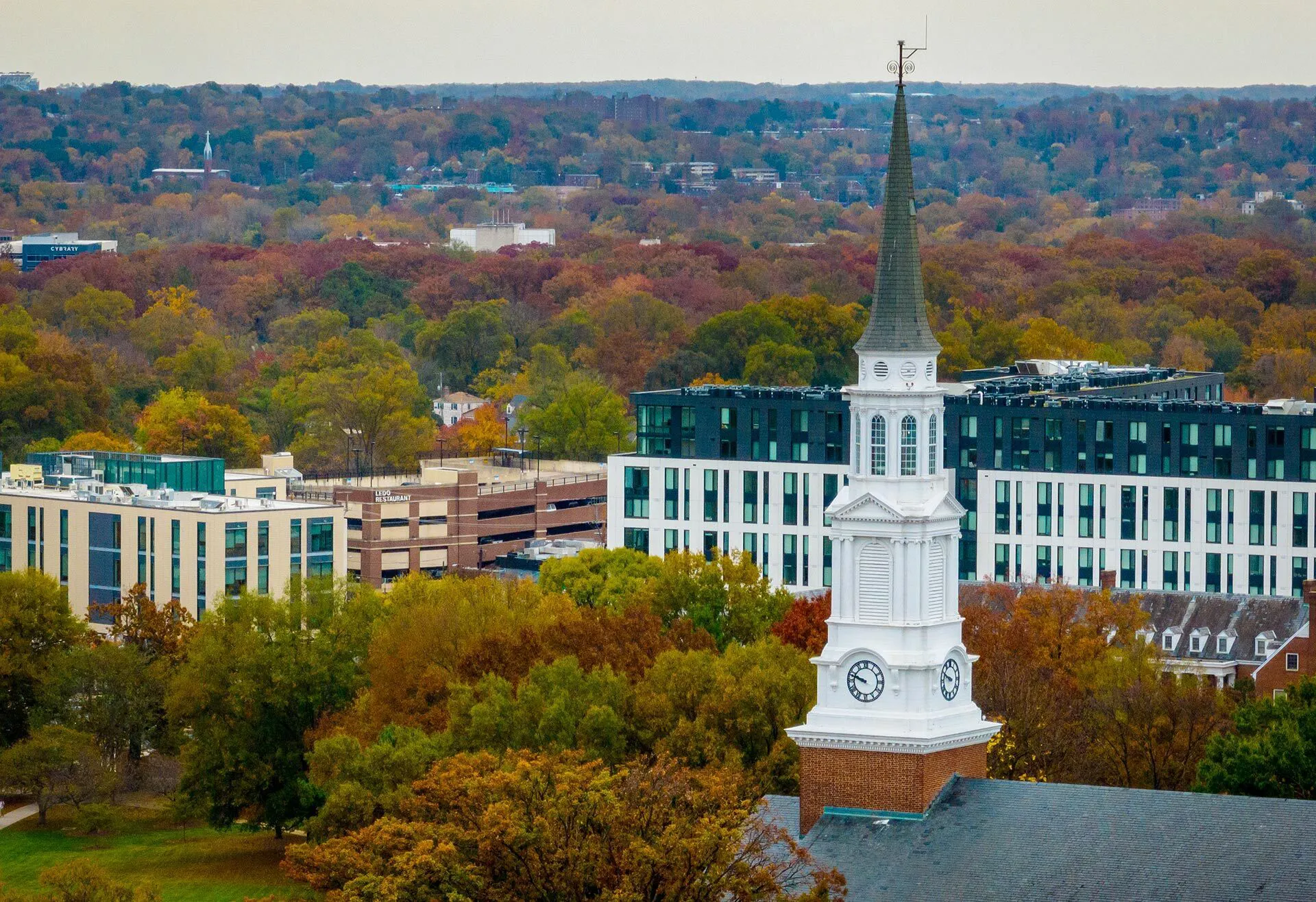 Aerial view of Memorial Chapel in fall