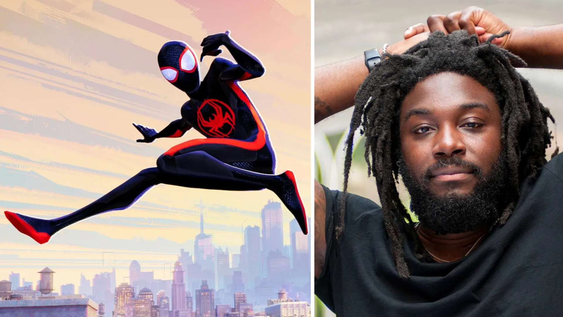 Split screen of Miles Morales as Spider-Man and Jason Reynolds