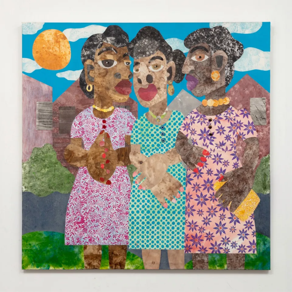 artwork showing three women in colorful dresses