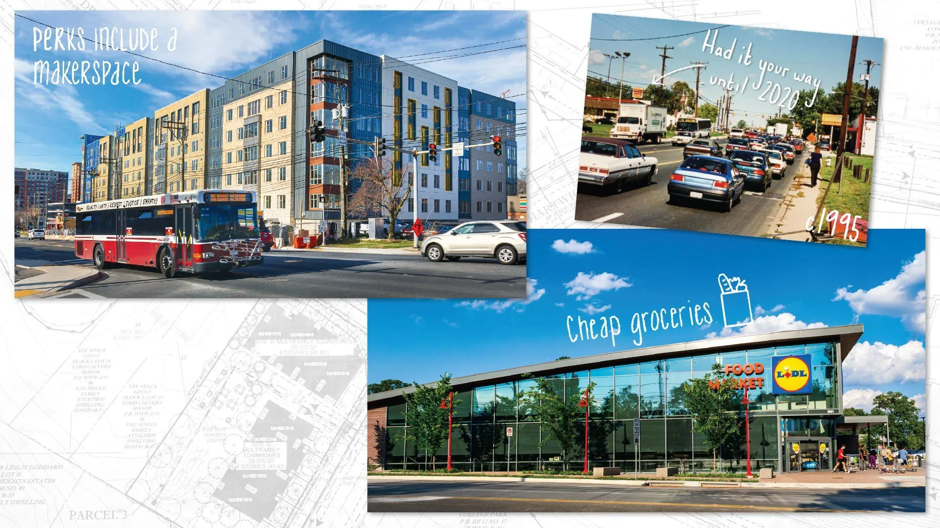 Contemporary photo of Tempo: Perks include a makerspace. Contemporary photo of Lidl: cheap groceries. Archival photo of Burger King: Had it your way until 2020